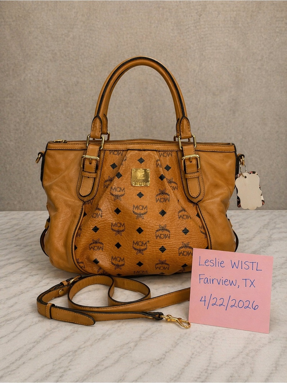 MCM Cognac Logo Visetos Satchel with Top Handles and Strap